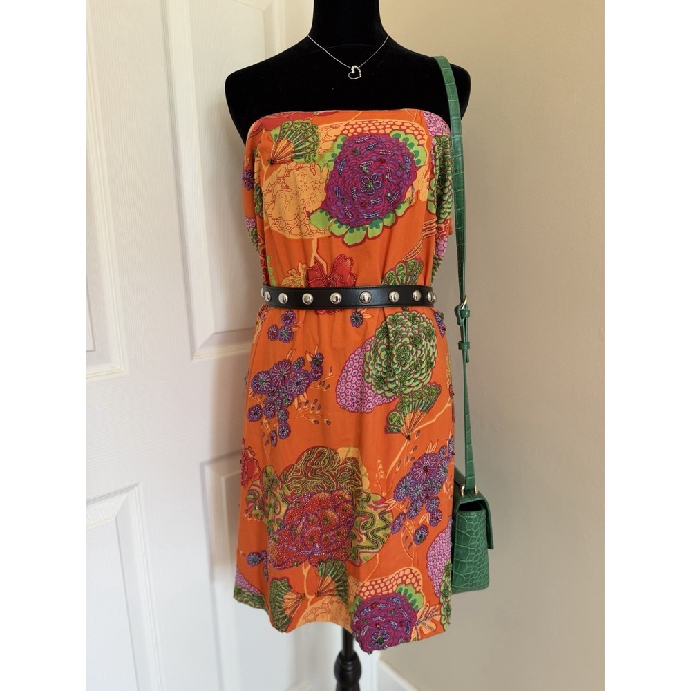 Vtg Dolce Apparel Orange Floral Beaded Midi Pencil Skirt L Y2K Summer Party Glam